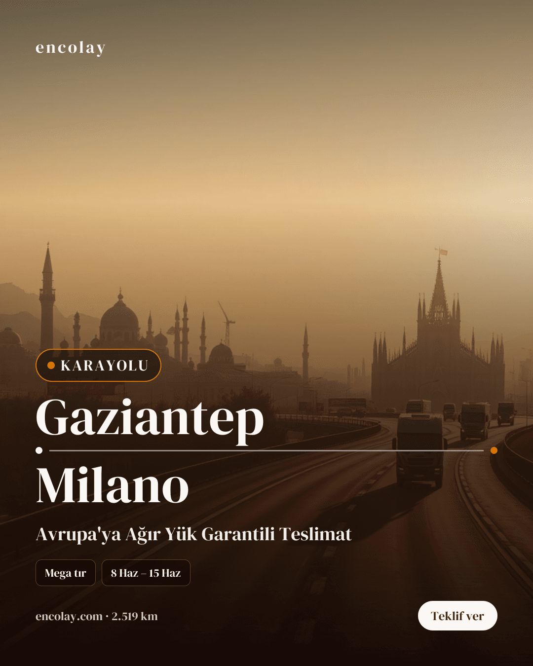 Boş araç: Gaziantep → Milano · Lowbed (ağır yük)