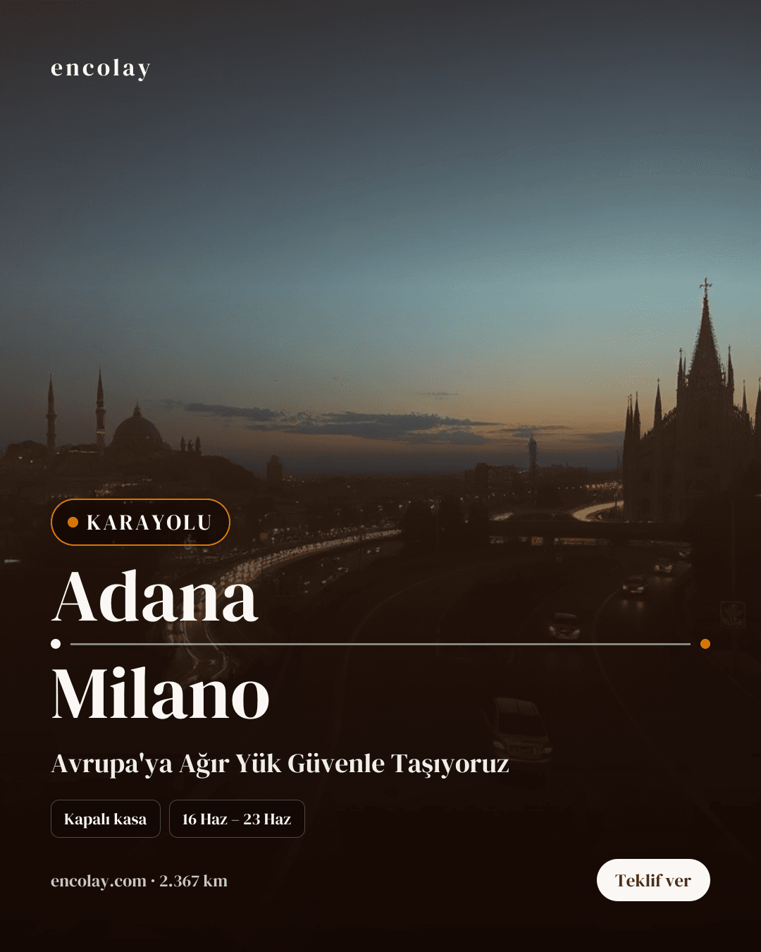 Boş araç: Adana → Milano · Lowbed (ağır yük)