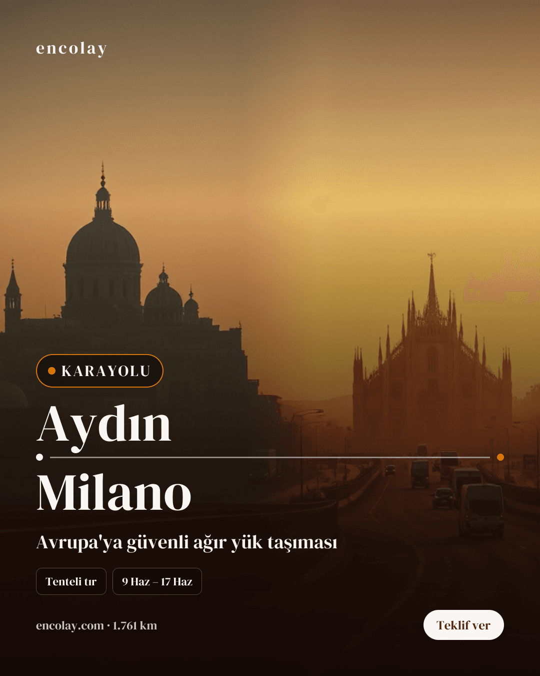 Boş araç: Aydın → Milano · Lowbed (ağır yük)
